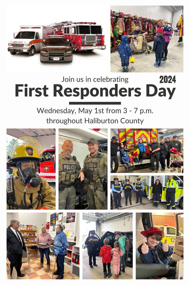 May 1st is First Responders Day!

Visit a community open house at Stanhope Firefighters Hall; Dysart Fire Dept &amp; EMS Base in Haliburton; Highlands East Fire Dept - Station 4 in Wilberforce; and the EMS Base, Minden Hills Fire Dept and Haliburton Highlands OPP on Hwy 35 in Minden.