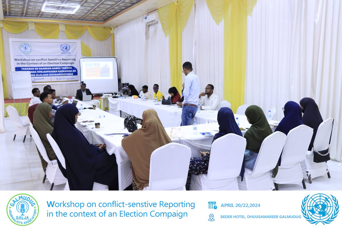Galja, in collaboration with the United Nations Assistance Mission in Somalia (UNSOM), has launched a 3-day training in Dhusamareb focusing on conflict-sensitive reporting during elections.
Leyla Ali, Head of Human Rights at Galja, welcomed participants.
@UNSomalia