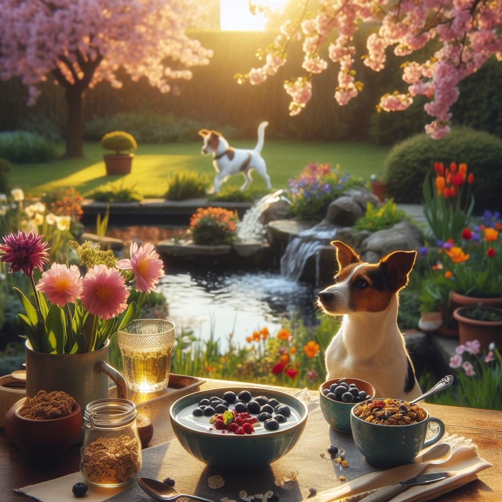 Good morning, everyone! 🌅✨ golden hour breakfast, where the sweetness of honey 🍯 meets the freshness of Spring. Let’s make today amazing! 🌟 #GoldenMorning #SpringVibes #GardenGoals #PuppyLove