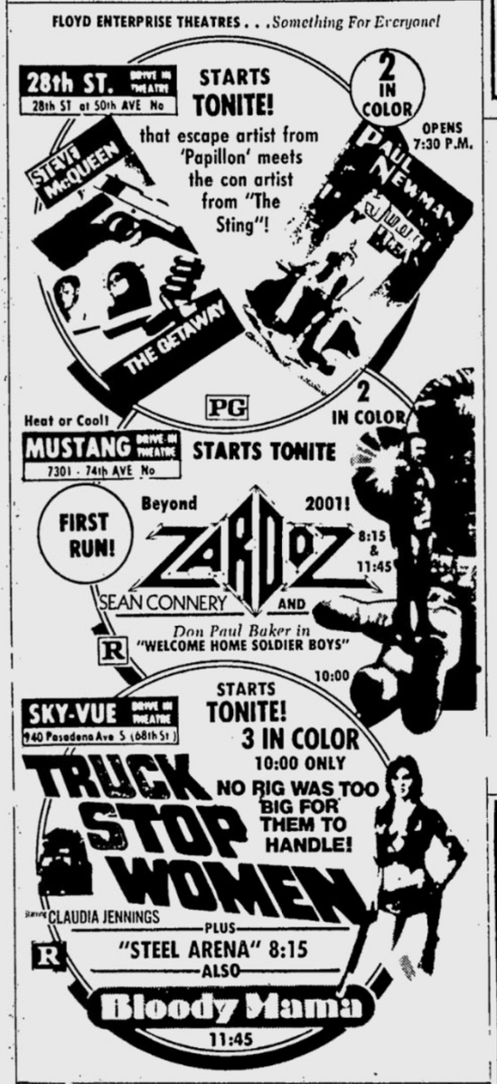 At Tampa Bay Drive-In's 50 years ago in April, 1974. Zardoz starts its run here along with Truck Stop Women. Mustang and Sky-Vue Drive-In's Like | Comment | Share tampabayscreams.com/tickets