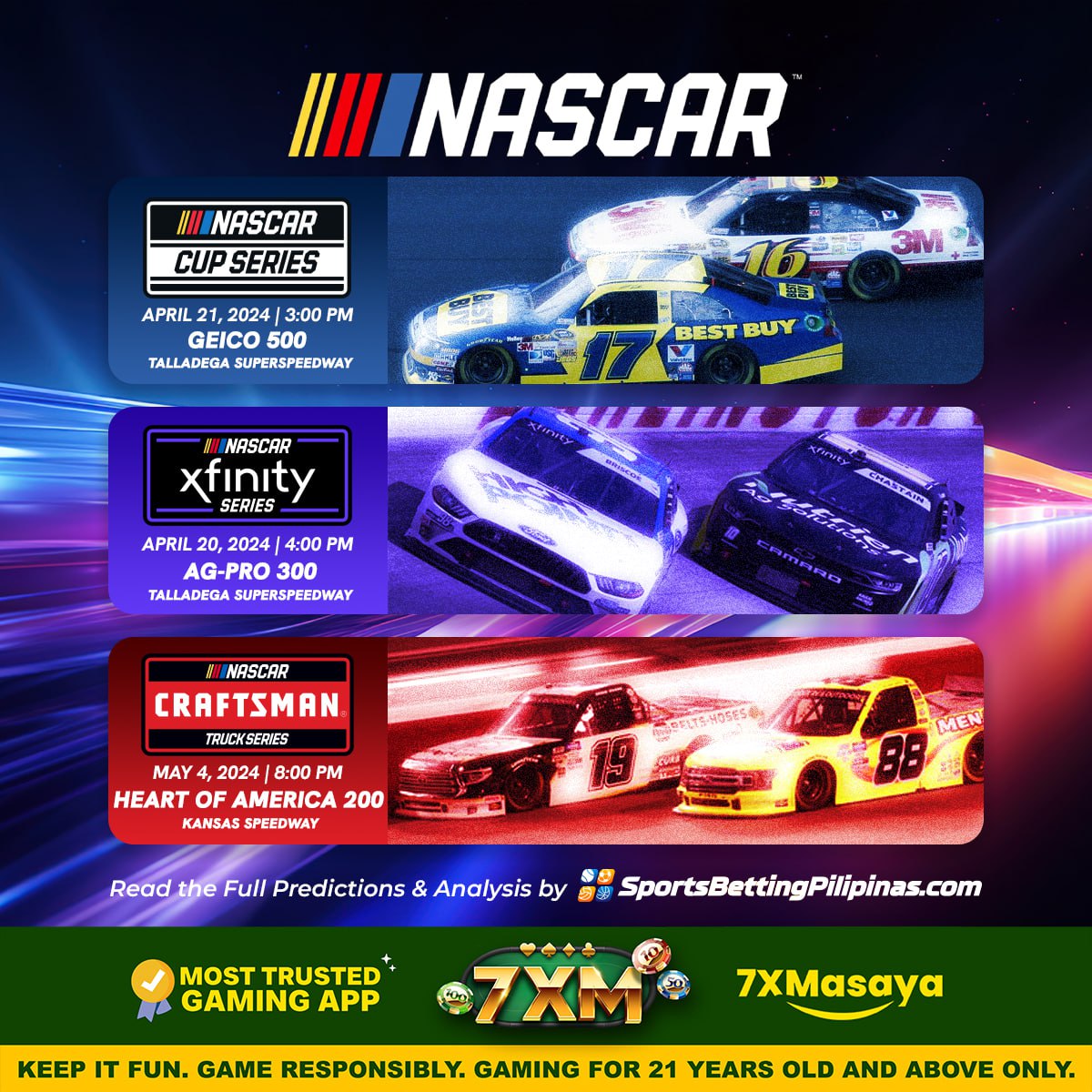 #NASCARSeries2024 
✅#NASCARInfinitySeriesAGPRO300 at #TalladegaSuperspeedway ✅#NASCARCupSeriesGeico500 at #TalladegaSuperspeedway 
✅#NASCARCraftsmanTruckSeriesHeartofAmerica200 at #KansasSpeedway 

Read 📲maxjili.ph/nascar-series-… for more details.

#7XM