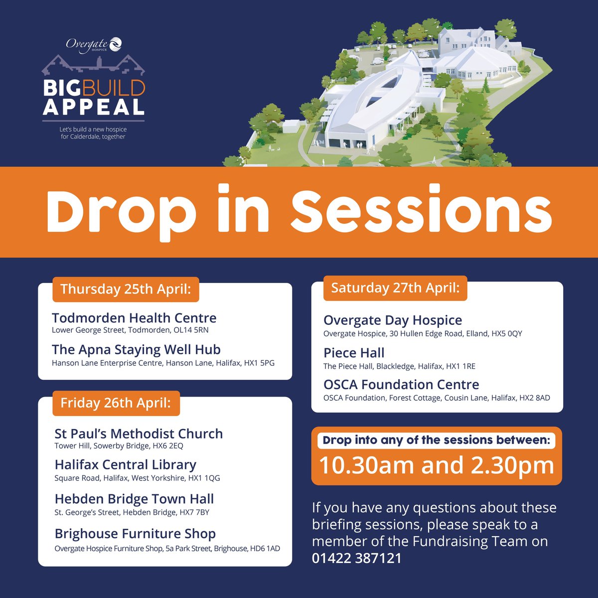 📣 Join us for our community drop-in sessions this week! 📣 Meet our team and learn all about our exciting Big Build plans to transform end-of-life care for Calderdale. 🌟 #OvergateBigBuildAppeal #CaringForCalderdale #CommunitySupport #CalderdaleCommunity