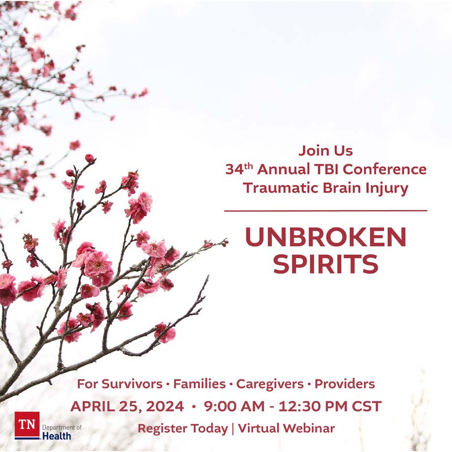 Join us for the 34th Annual Traumatic Brain Injury (TBI) Conference on April 25, 2024, from 9:00 AM - 12:30 PM CST. Register here: tn.webex.com/weblink/regist…. To learn more about TDH's TBI Program call the TBI Hotline at 1.800.882.0611. #Tennessee #TBIAwareness