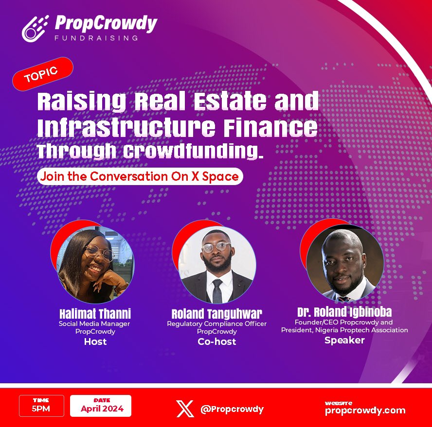 propcrowdy_ng's tweet photo. Join us this Sunday, April 21st at 5:00 p.m. for a stimulating Twitter Space on "Raising Real Estate and Infrastructure Finance Through Crowdfunding". 
Mark your calendars and join us via this link https://t.co/3BPsn5DWiR

#realestateinvestment #crowdfunding #propcrowdy https://t.co/FOOKgxt8gl