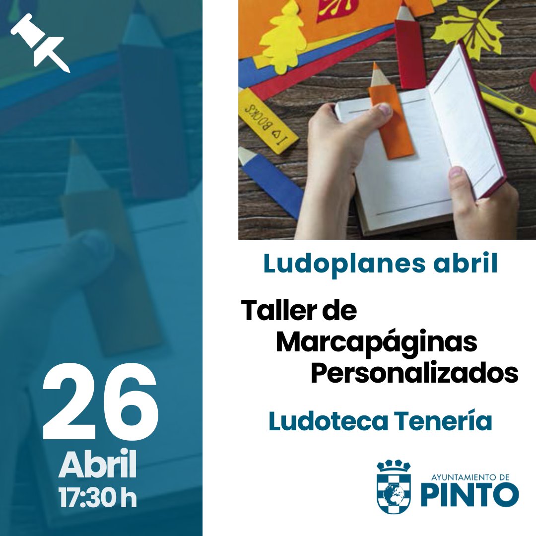 📚✂️Ludoplanes de abril: Taller de marcapáginas personalizados
Una actividad perfecta para los pequeños creativos de 3 a 9 años.

🗓️ 26 de abril
⏰ 17:30 
📍 Ludoteca Tenería

✍️Inscripción gratuita: De lunes a jueves de la misma semana en el 📞679 149 780 entre 13:00 y 13:30.