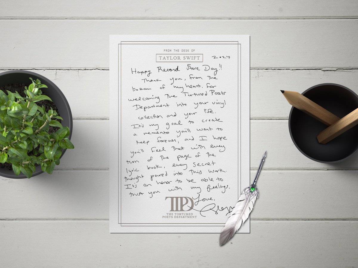 🪶Taylor’s Record Store Day Letter • A4 Printable Versions 📝

Happy Record Store Day! To celebrate I’ve recreated Taylor’s letter for you to print out and frame - in embossed and regular versions! 📩

🔗 Google Drive Link: bit.ly/TTPDRSD 

#TSTTPD #RecordStoreDay2024