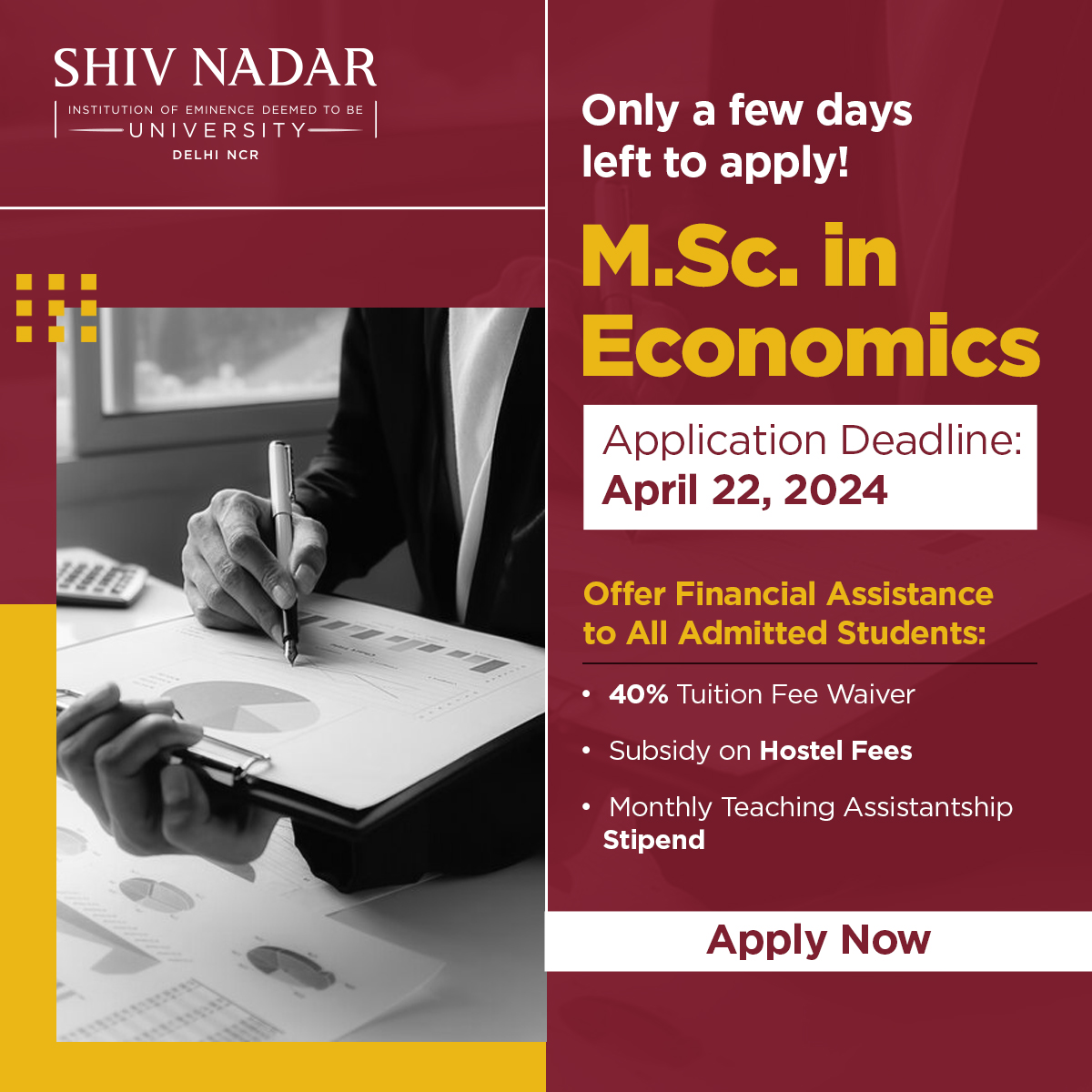 Admission to the M.Sc. in Economics program is closing soon! Pursue a top-tier postgraduate program in economics that will help you gain a solid grounding in the discipline. Get trained within a multidisciplinary, student-centric learning environment,