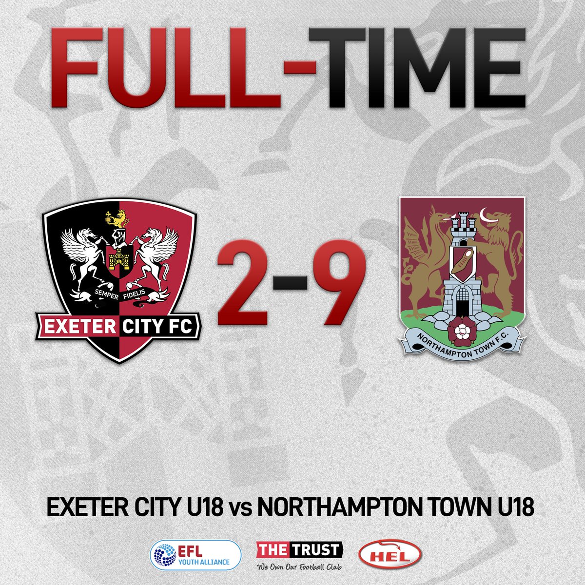 ⏱️ FULL-TIME: City U18 2️⃣ @NTFC_Academy U18 9️⃣ A tough afternoon for a young Grecians side that is heavily beaten. Tom Dean with the goals for City and lots to learn from the result 👊 #ECFC #SemperFidelis