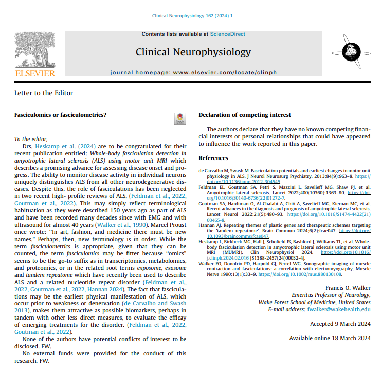 ClinicalNeuroph's tweet photo. [ALS] Walker: "Drs. Heskamp et al. (2024) are to be congratulated for their recent publication entitled: Whole-body fasciculation detection in ALS using motor unit MRI which describes a promising advance for assessing disease onset and progress."

https://t.co/11VvMdD3tT https://t.co/q7gT5UD7H0