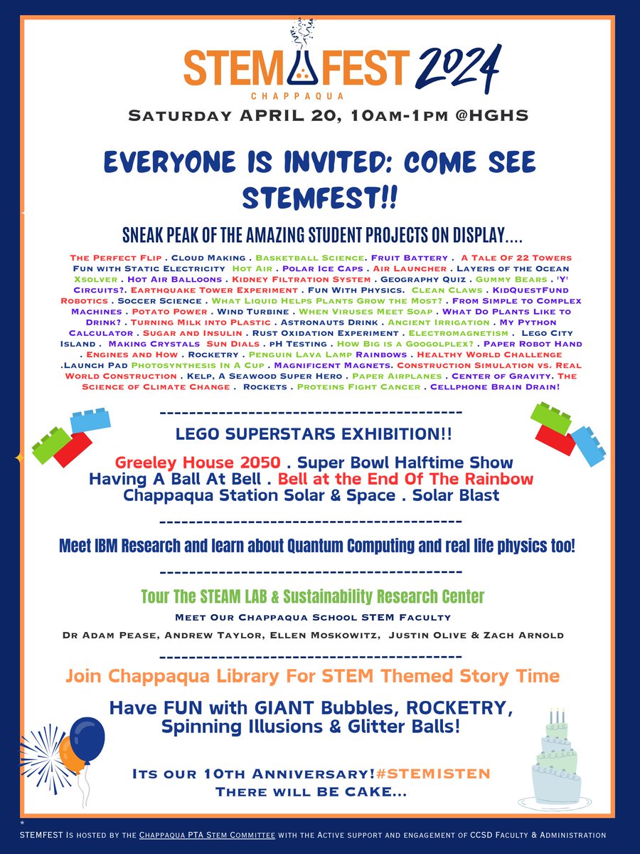 If the 'Giant bubbles, Rocketry, Spinning Illusions, and Glitter balls' aren't enough to get you to #STEMfest, the last line of this flyer just might - 'THERE WILL BE CAKE.' 😆🍰 #WeAreChappaqua Today - 10am-1pm.