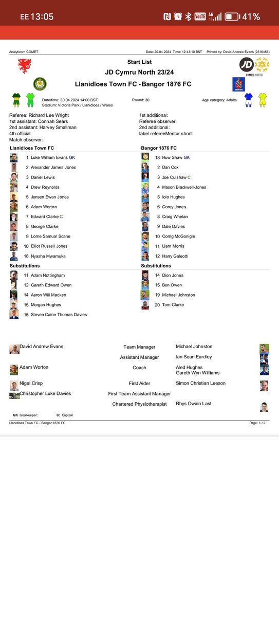 Today's line ups for final home game of the season