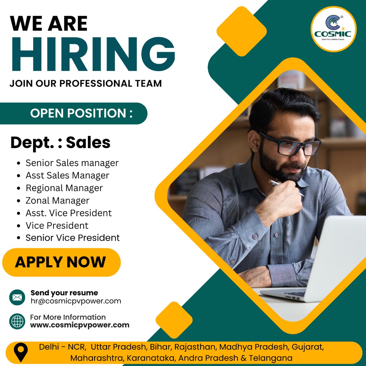 HIRING ALERT!!! Are you eager to take your solar sales career to the next level? We are hiring an experienced team for the Sales Department, who is enthusiastic about boosting sales and renewable energy. Submit your resume: hr@cosmicpvpower.com Visit us: cosmicpvpower.com