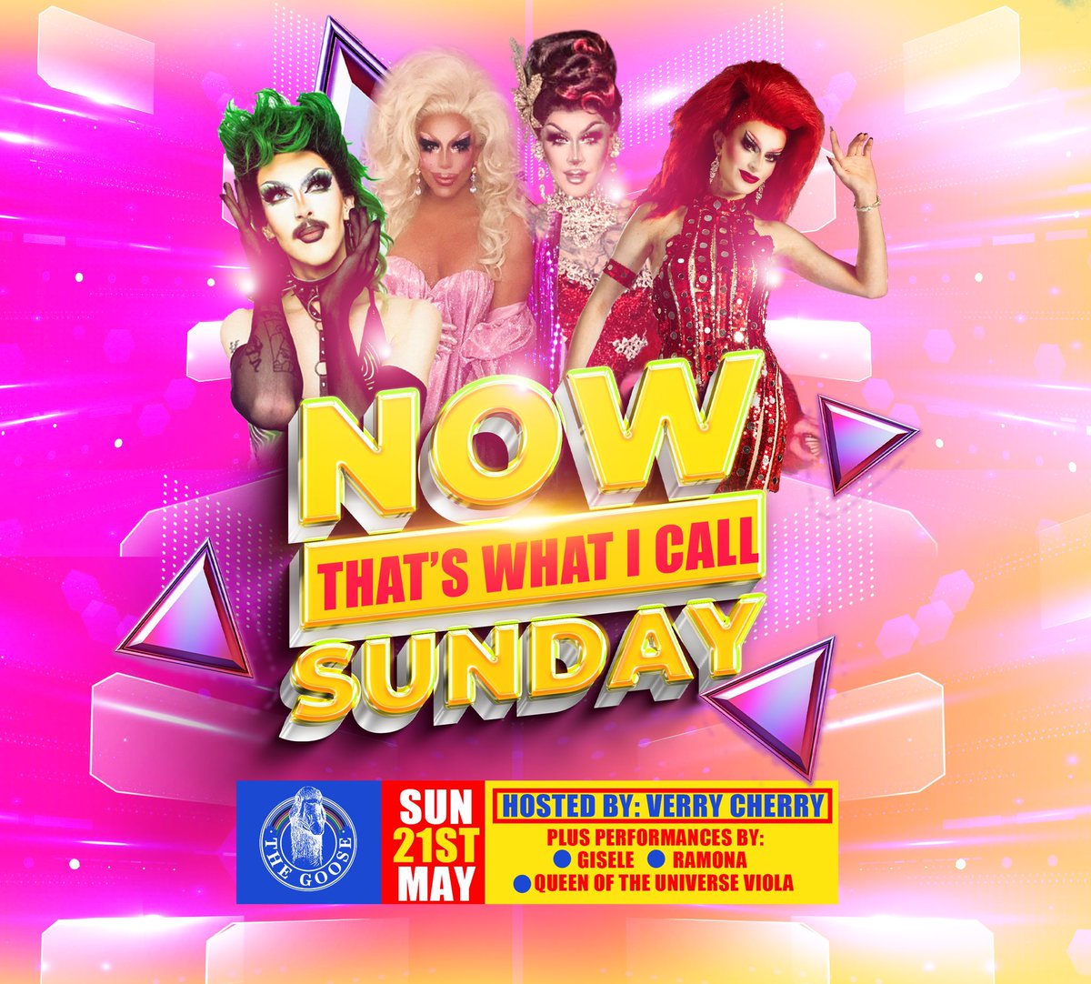 NOW THATS WHAT I CALL SUNDAY…

Tomorrow our Sunday show returns

Verry Cherry
Gisele
Ramona 
And Queens of the universe Viola 

8pm show time 

#thegoose #bloomstreet #mamchester #gayvillagemanchester #sunday #sundayshow