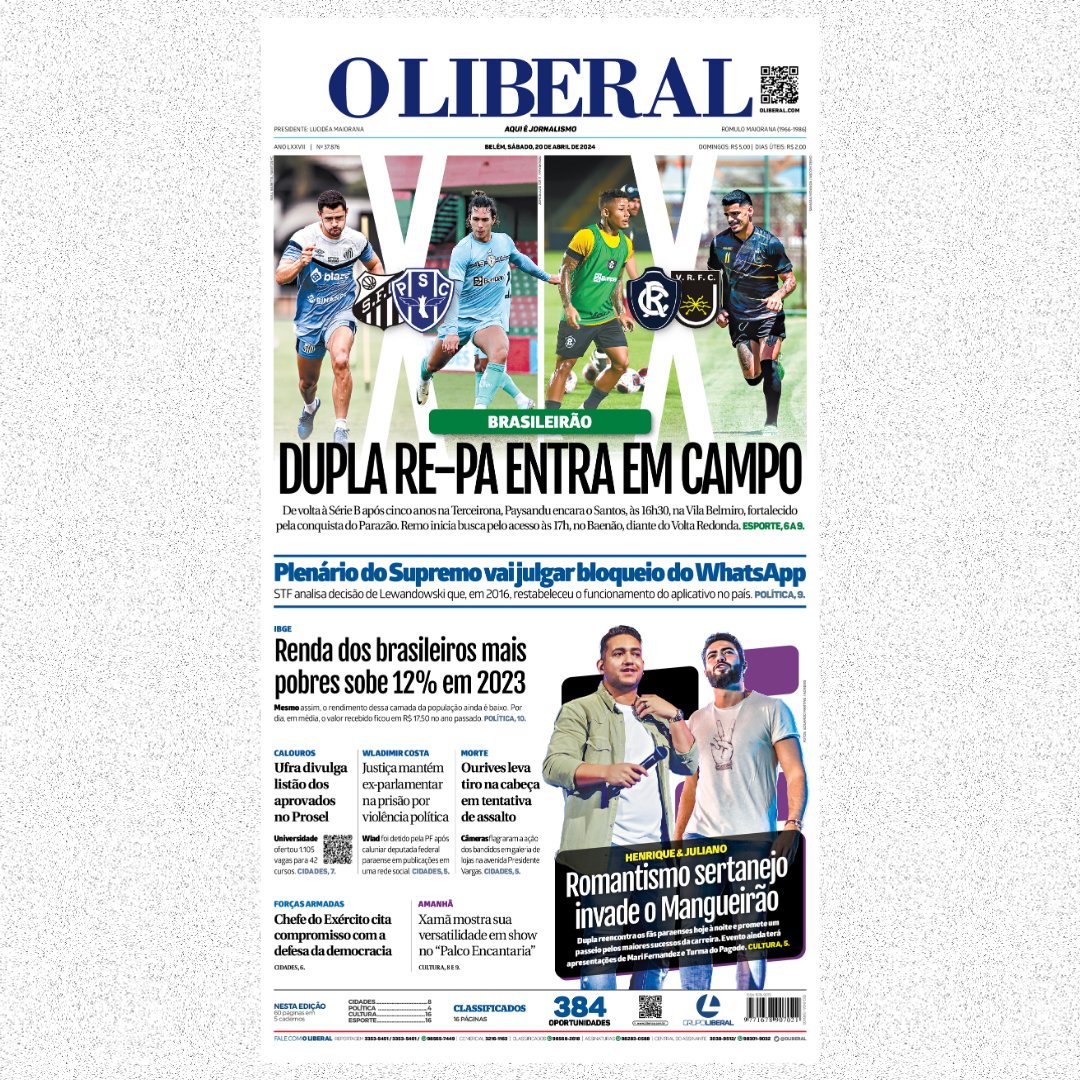 oliberal's tweet photo. 🗞️ Olá, seguidor!
Esta é a capa do Jornal O Liberal deste sábado (20).
Acesse em https://t.co/DT9Gj38UoH
#oliberal #grupoliberal https://t.co/gm2AQWUXXQ
