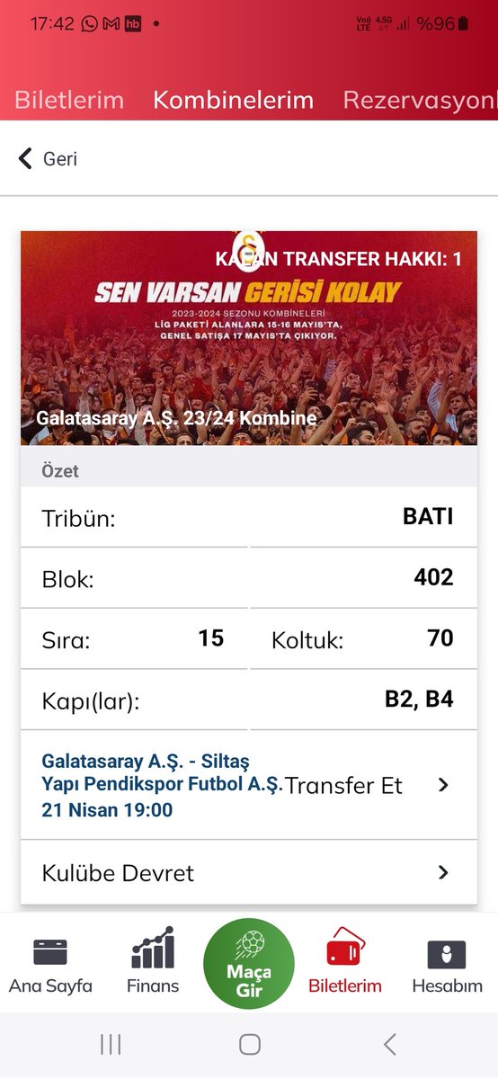 Galatasaray - Pendik maçına 1 adet Bati Üst Bilet devredilecektir (Kategori 6) #Galatasaray  #kombine #kombinedevir #kombinedevret #kombinetransfer #kombinem #passolig #passo #bilet #biletdevir #biletdevret #biletvar #satilikbilet #TrendyolSüperLig  #macabilet #kombinedevir #gs