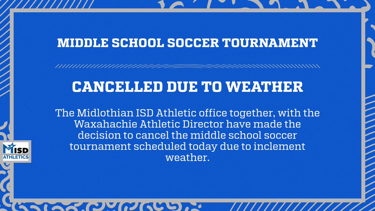 MISD_Athletics's tweet photo. ‼️ TODAY'S MIDDLE SCHOOL SOCCER TOURNAMENT HAS BEEN CANCELLED. REFUNDS WILL BE ISSUED FOR ANY ONLINE TICKET PURCHASED.‼️ https://t.co/sWAYDQvwrg
