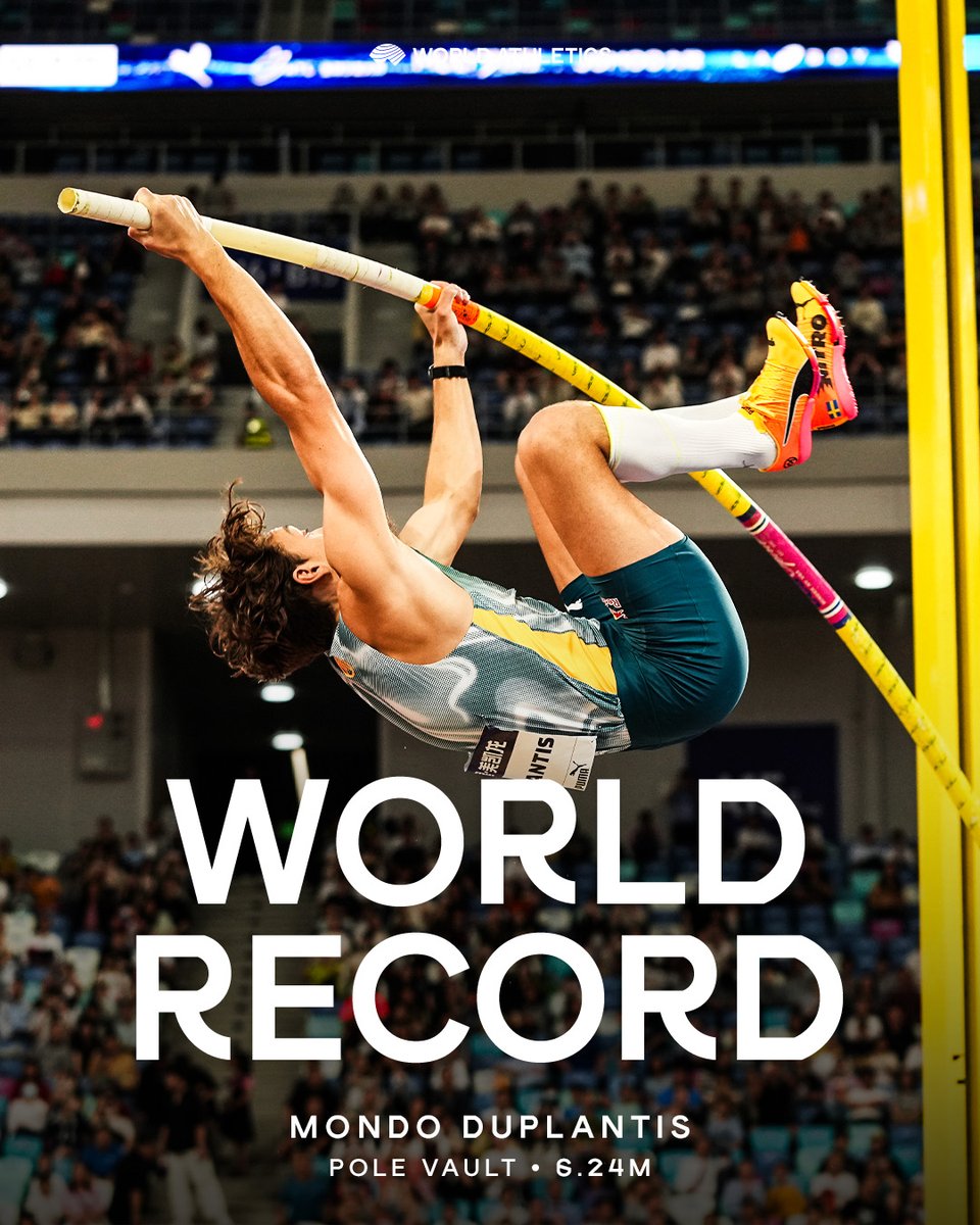 World Athletics (@worldathletics) on Twitter photo WORLD RECORD 🤯
It's <a href="/mondohoss600/">Mondo Duplantis</a>'s world and we're all living in it.
6.24m pole vault world record* during his season-opener in Xiamen ‼️
*Subject to the usual ratification procedures WORLD RECORD 🤯
It's <a href="/mondohoss600/">Mondo Duplantis</a>'s world and we're all living in it.
6.24m pole vault world record* during his season-opener in Xiamen ‼️
*Subject to the usual ratification procedures