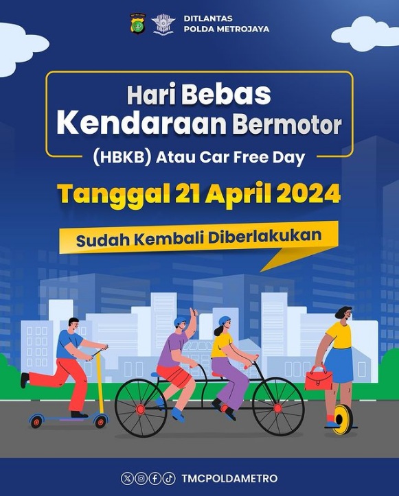 TMCPoldaMetro's tweet photo. Diinformasikan kepada Sobat Lantas yang ingin kembali menyehatkan badan pasca liburan: HBKB tanggal 21 April (besok) sudah diberlakukan kembali!

#tmcpoldametro #HBKB #carfreeday https://t.co/j8SeQ6YxeG