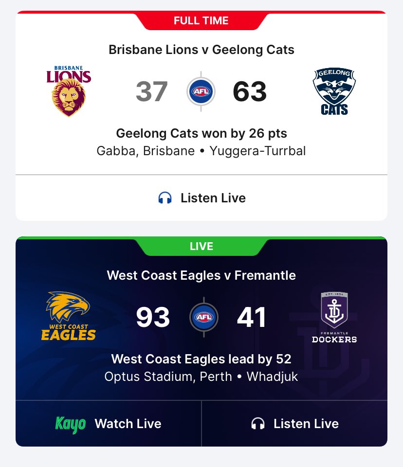 I open the AFL app to see these scores.

Am I in the fucking TWILIGHT ZONE?
#AFLLionsCats #AFLEaglesFreo