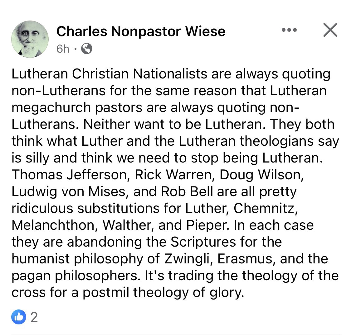 It’s true. Lutheran #ChristianNationalism advocates are looking to Stephen Wolfe, Doug Wilson, and Joe Rigney for their answers. Gottesdienst is now platforming Reformed theocrats quite regularly.