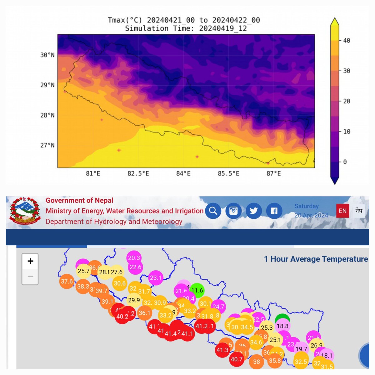 Heatwave is expected in isolated parts of Terai region. maximum hourly temperature exceeding 40 degree in many districts today. #RIMES generated forecast showing, it will continue in next 2-3 days. @NDRRMA_Nepal @anil
