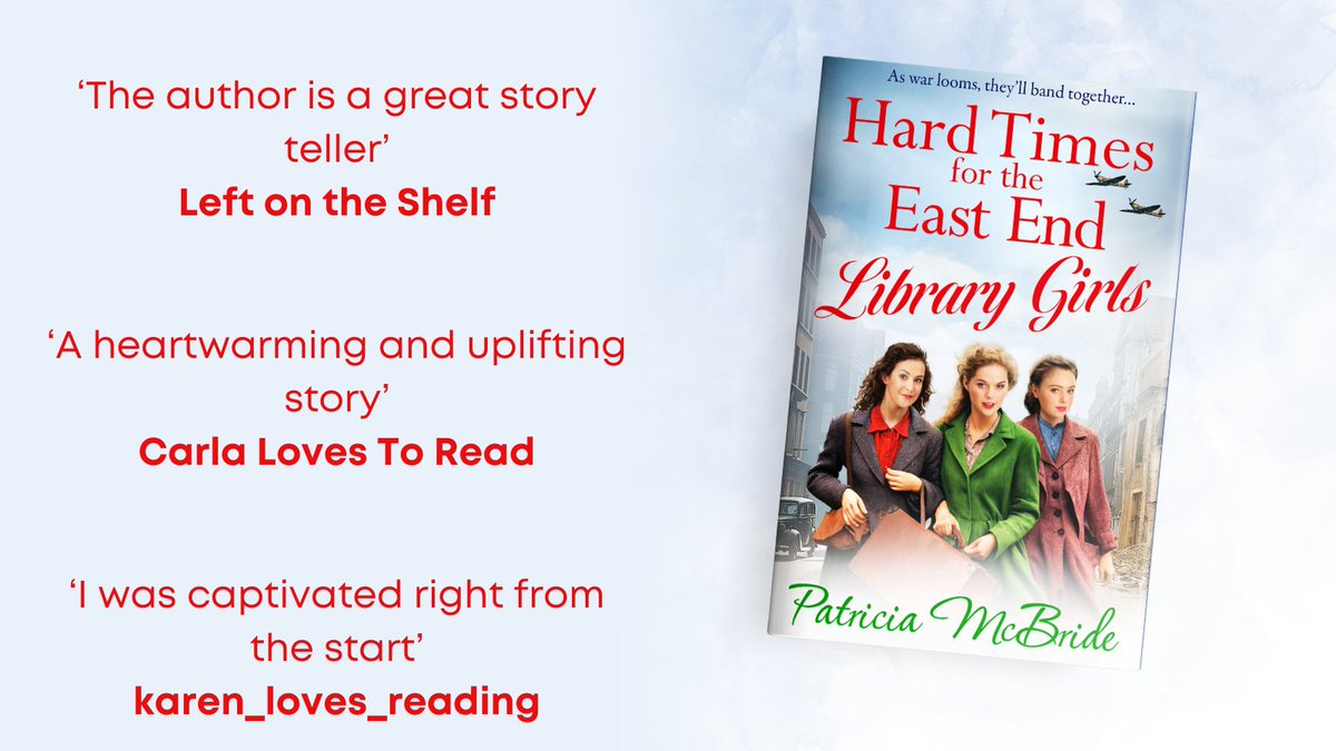 Thank you to @karens_books, @CarlaLoveToRead and @leftontheshelf1 for their recent reviews on the #HardTimesForTheEastEndLibraryGirls by Patricia McBride #blogtour. 

Buy now ➡️ mybook.to/hardtimeseaste…