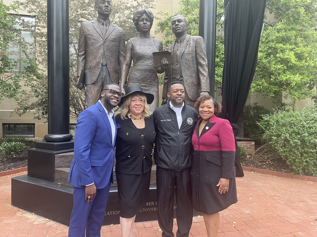 TIDEVINE's tweet photo. On September 11, 1963 three trailblazers integrated The University of South Carolina, our state’s flagship institution and yesterday USC unveiled a monument commemorating the desegregation.

It was an honor to read a concurrent resolution by the SC Senate and SC House of Representatives celebrating the unveiling of this beautiful sculpture, which will serve as a reminder to all of the bravery of Robert Anderon, Henrie Monteith Treadwell, and James Solomon Jr. and the impact on this great state. 

#ForeverToThee