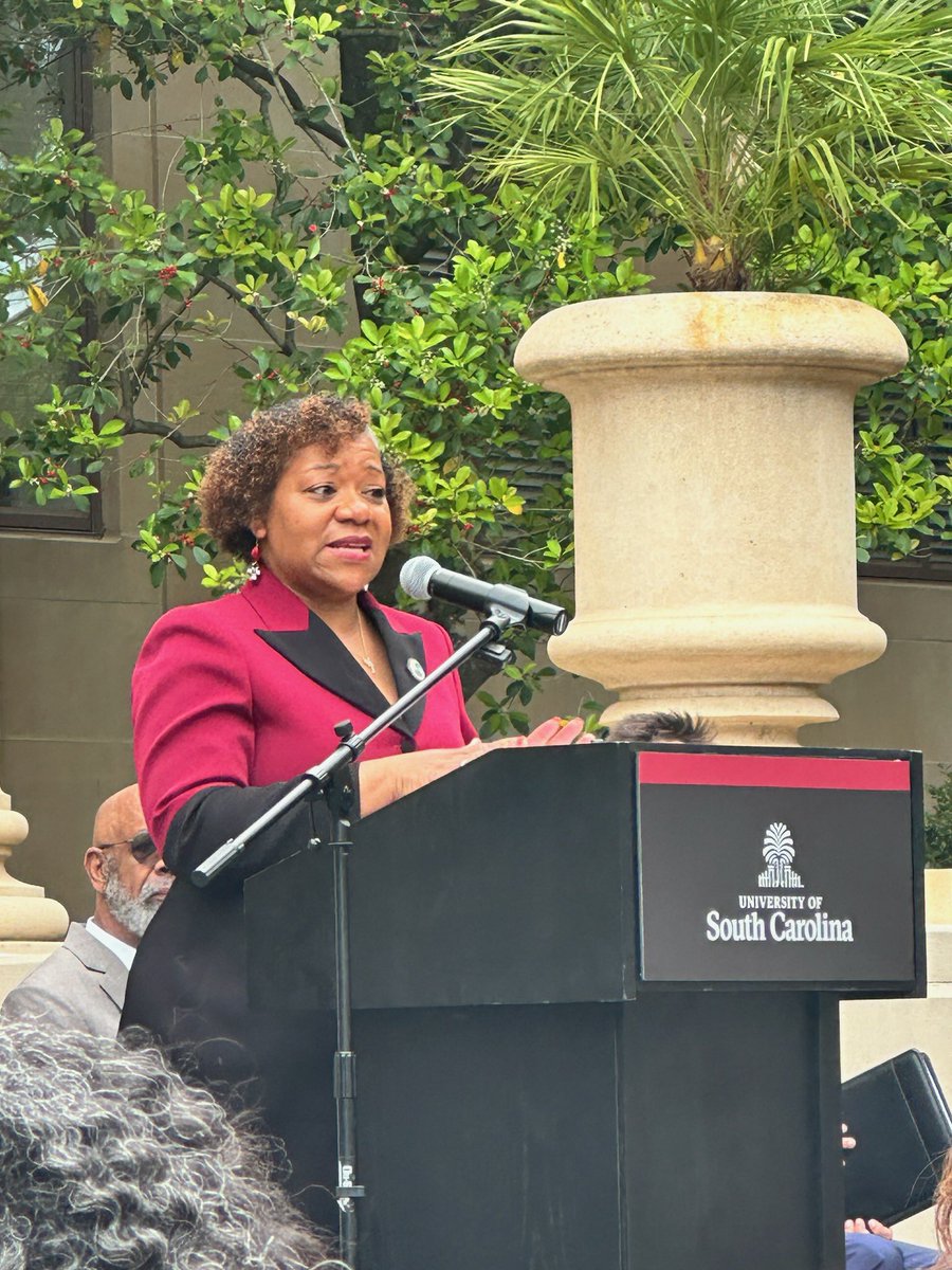 TIDEVINE's tweet photo. On September 11, 1963 three trailblazers integrated The University of South Carolina, our state’s flagship institution and yesterday USC unveiled a monument commemorating the desegregation.

It was an honor to read a concurrent resolution by the SC Senate and SC House of Representatives celebrating the unveiling of this beautiful sculpture, which will serve as a reminder to all of the bravery of Robert Anderon, Henrie Monteith Treadwell, and James Solomon Jr. and the impact on this great state. 

#ForeverToThee