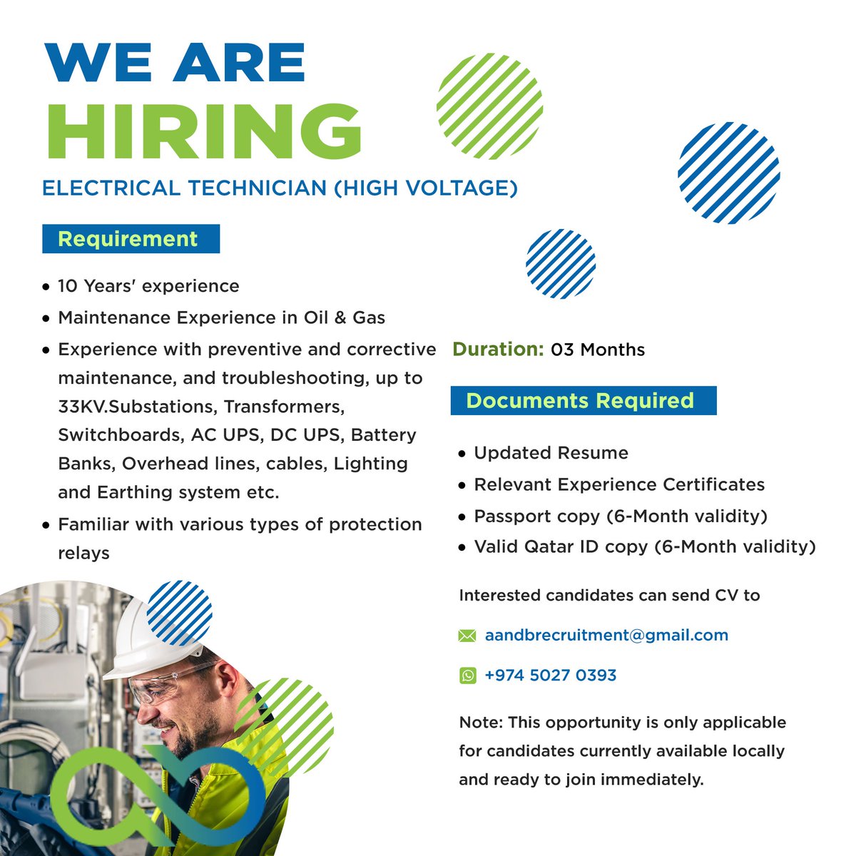 Open position for Electrical Technician(High Voltage) with Maintenance Experience in Oil and Gas for Qatar location. To apply, send your resume to aandbrecruitment@gmail.com or contact +974 - 50270393 . . . #AandBprojects #Qatar #OilandGasConvention2024 #TECHNICIAN