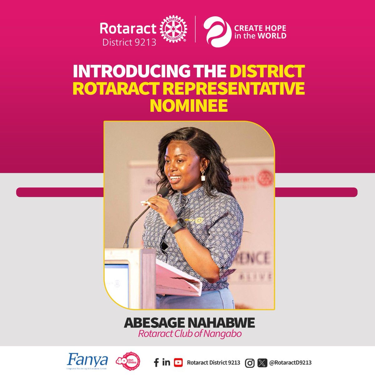 We are thrilled to introduce Abesage Nahabwe, a member of the Rotaract Club of Nangabo, as the District Rotaract Representative Nominee (DRRN) for Rotaract District 9213! She will be DRR for our district in 2025/26. Congratulations, Abesage 👏