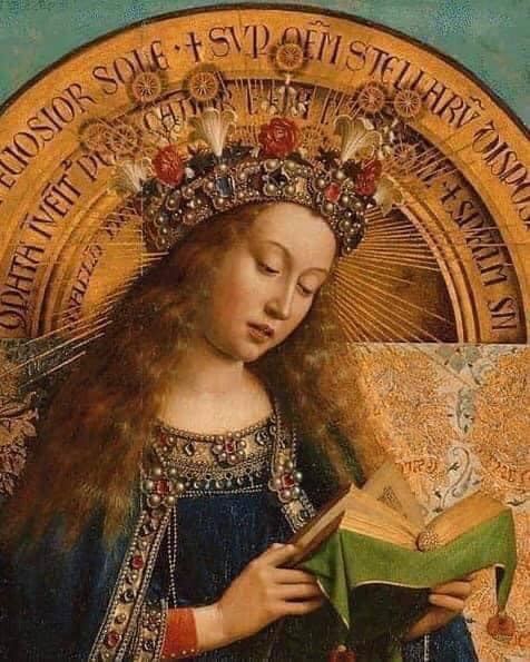 Detail of the Virgin reading
left upper central panel
Ghent Altarpiece
Het Lam Gods
{Adoration of the Mystic Lamb}
#JanVanEyck & #HubertvanEyck
Oil and Tempera on wood panel, 1432
St Bavo’s Cathedral, #Ghent, #Belgium