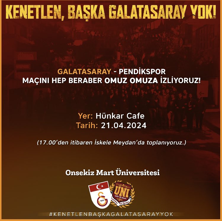 EKSİKSİZ! Galatasarayımızın, Pendikspor ile oynayacağı maçı hep beraber omuz omuza izliyoruz. #ultrAslanUNI