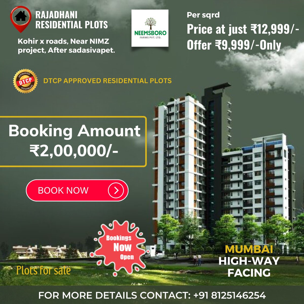 Rajadhani Residential Plots by Neemsboro Farms Pvt. Ltd.! Secure your plot with DTCP approval at ₹9,999/sqyd. Limited offer! Booking: ₹2,00,000. Prime location facing Mumbai Highway. Build your future home now.
#MegaProperties #DreamHomes #LuxuryLiving #RealEstateDeals