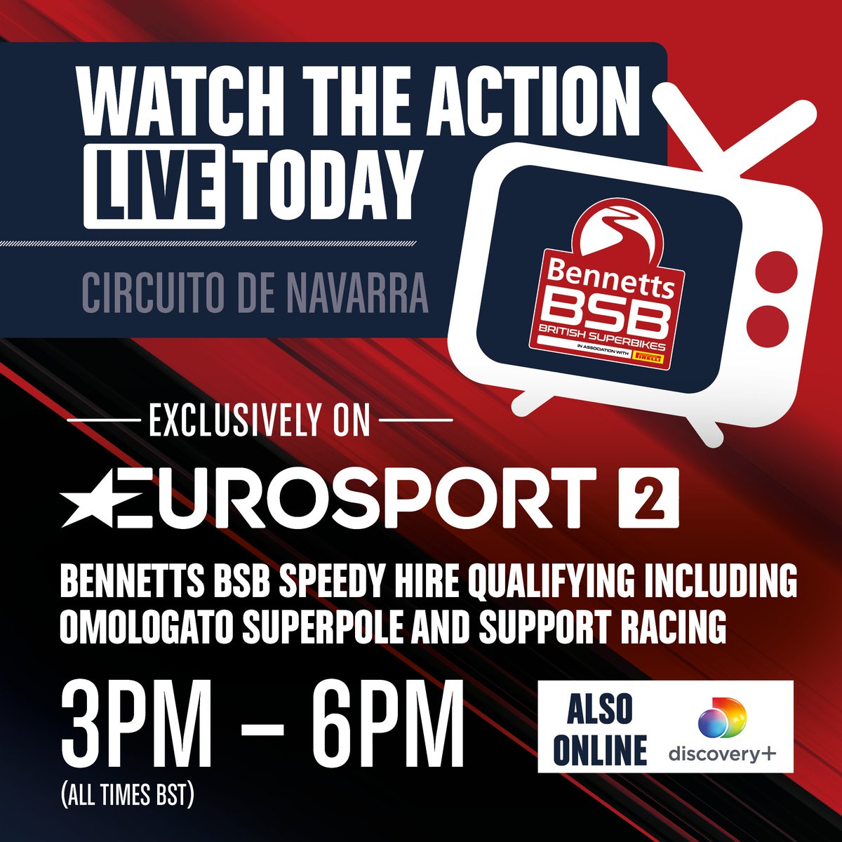 WATCH LIVE @bennetts_bike BSB action coming up from @CircuitoNavarra this afternoon and you can catch the action live on @eurosport 2 For full TV listings: britishsuperbike.com/tv-listings For global broadcast information: britishsuperbike.com/news/2024/apr/…