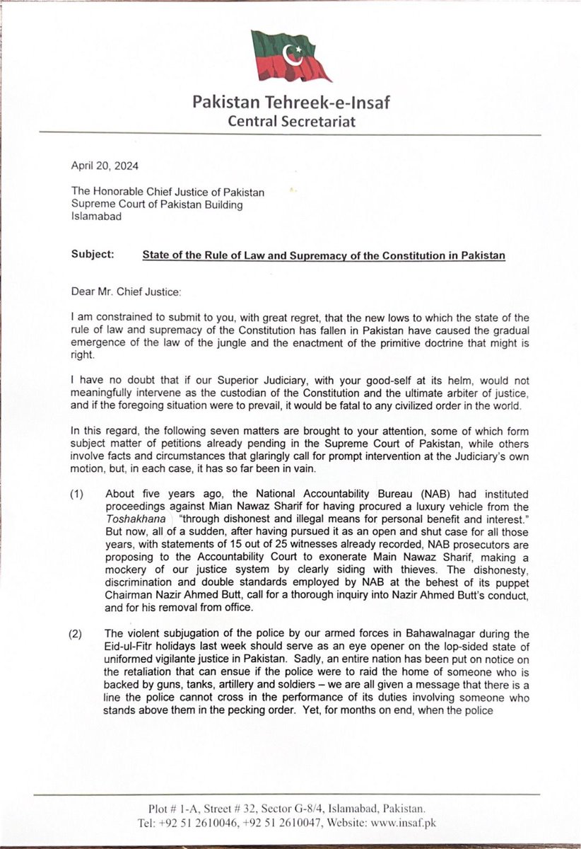 ImranKhanPTI's tweet photo. Founding Chairman Imran Khan writes to the Chief Justice of Pakistan, highlighting the grave state of affairs in the country, and reminds him of his responsibility to stay true to his oath and declared belief in the principles and values espoused by Pakistan's founding fathers & his proclamation of Supremacy of the constitution.