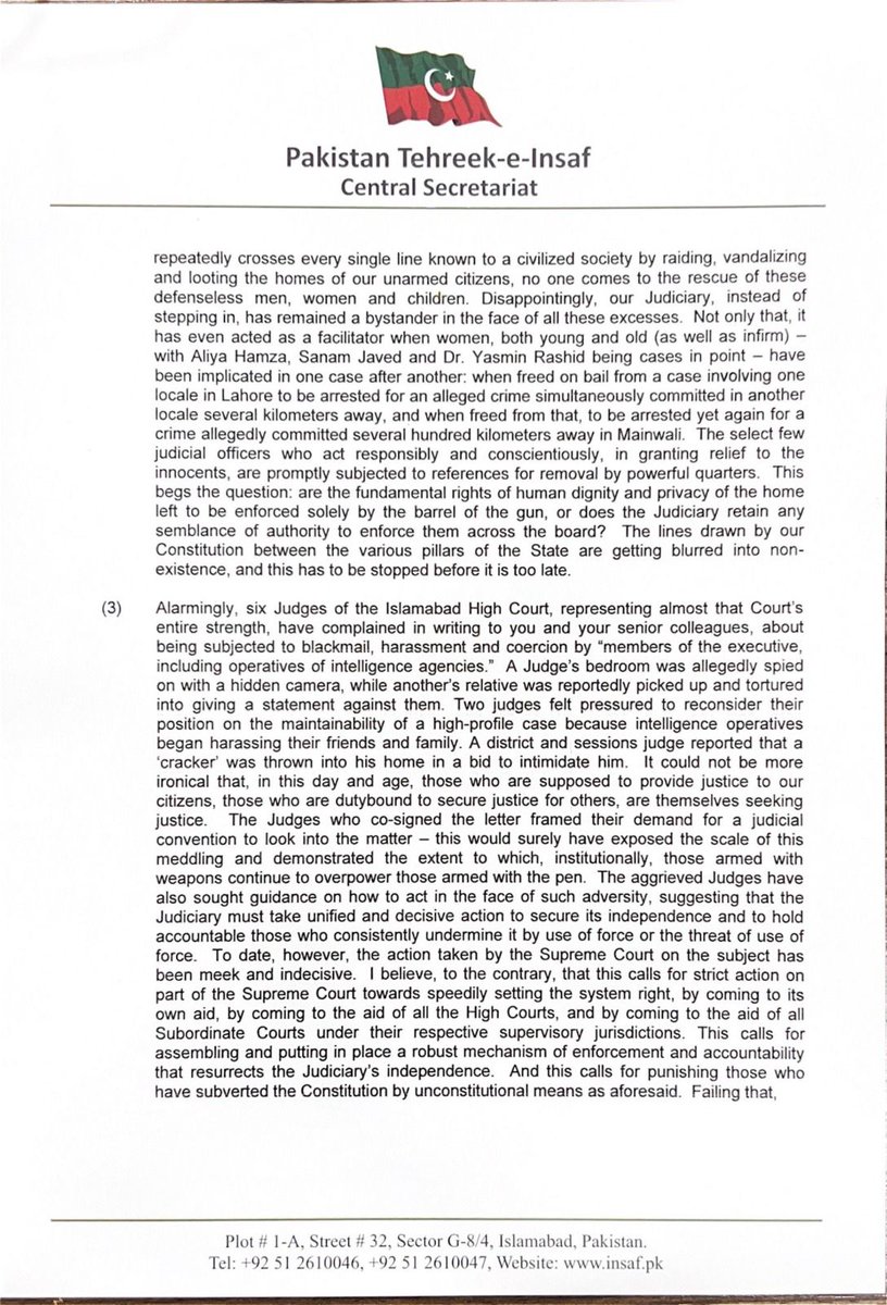 ImranKhanPTI's tweet photo. Founding Chairman Imran Khan writes to the Chief Justice of Pakistan, highlighting the grave state of affairs in the country, and reminds him of his responsibility to stay true to his oath and declared belief in the principles and values espoused by Pakistan's founding fathers & his proclamation of Supremacy of the constitution.