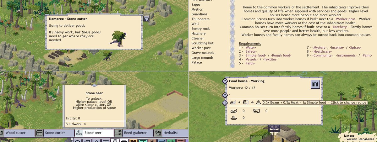 Been a weird month, but dev diary says I've done:
Walker chats. Better house upgrade info + backend. Better recipe info + switching + backend. Better building unlocking + backend. Event text formatting. Etc. 
So stuff is moving forwards?! xD

#citybuilder #indiedev #gamedev #wip