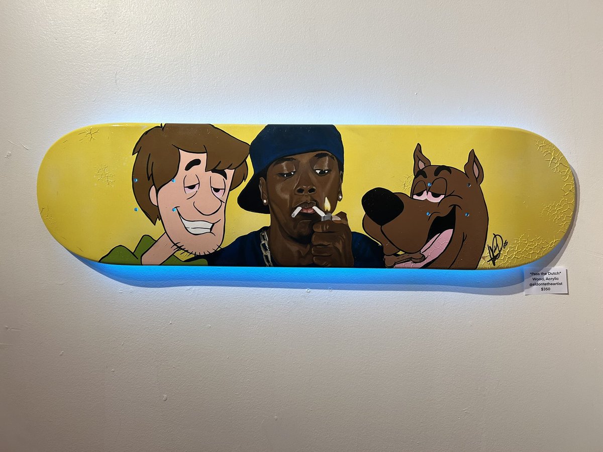 AldonteArt's tweet photo. Happy #420day this piece is presented at Red Lion’s “Cannibus Chronicles” Art show. The talks about the politics of Marijuana.
.
@christuckerreal 
.
#smokeyours #fridaymovie #smokeyfriday #icecubefriday #artonskateboards #customskateboard https://t.co/Vd7MazkH7t