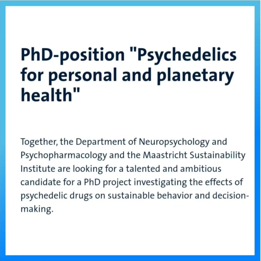 @J0anaw and I are searching for a talented masters student, interested in pursuing a #PhD investigating #psychedelics and #sustainable behavior change. Fully funded, deadline May 15. More information here: academictransfer.com/nl/340492/phd-…