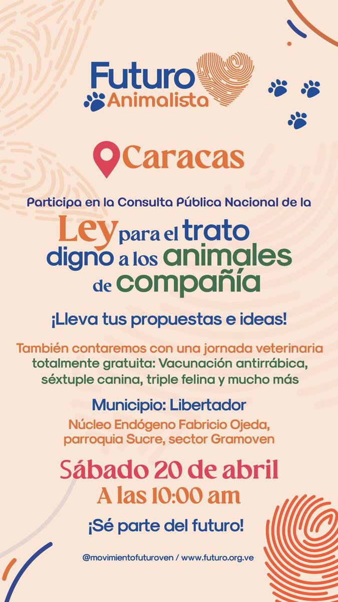 ¡Caracas, unámonos hoy para la consulta de la ley animalista! 🐾 Trae tus ideas al núcleo Fabricio Ojeda a las 10 AM. #TratoDignoAnimales #ConsultaPublica