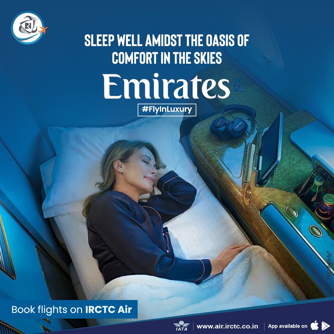 Ensure a restful night flight for yourself by booking seats on Emirates.

Book Emirates flights on air.irctc.co.in or the #IRCTC #Air app and #FlyInLuxury.

#FlightBooking #AirTravel #LuxuryTravel #EasyBooking #TravelDeals #Offers #Emirates #TravelGoals