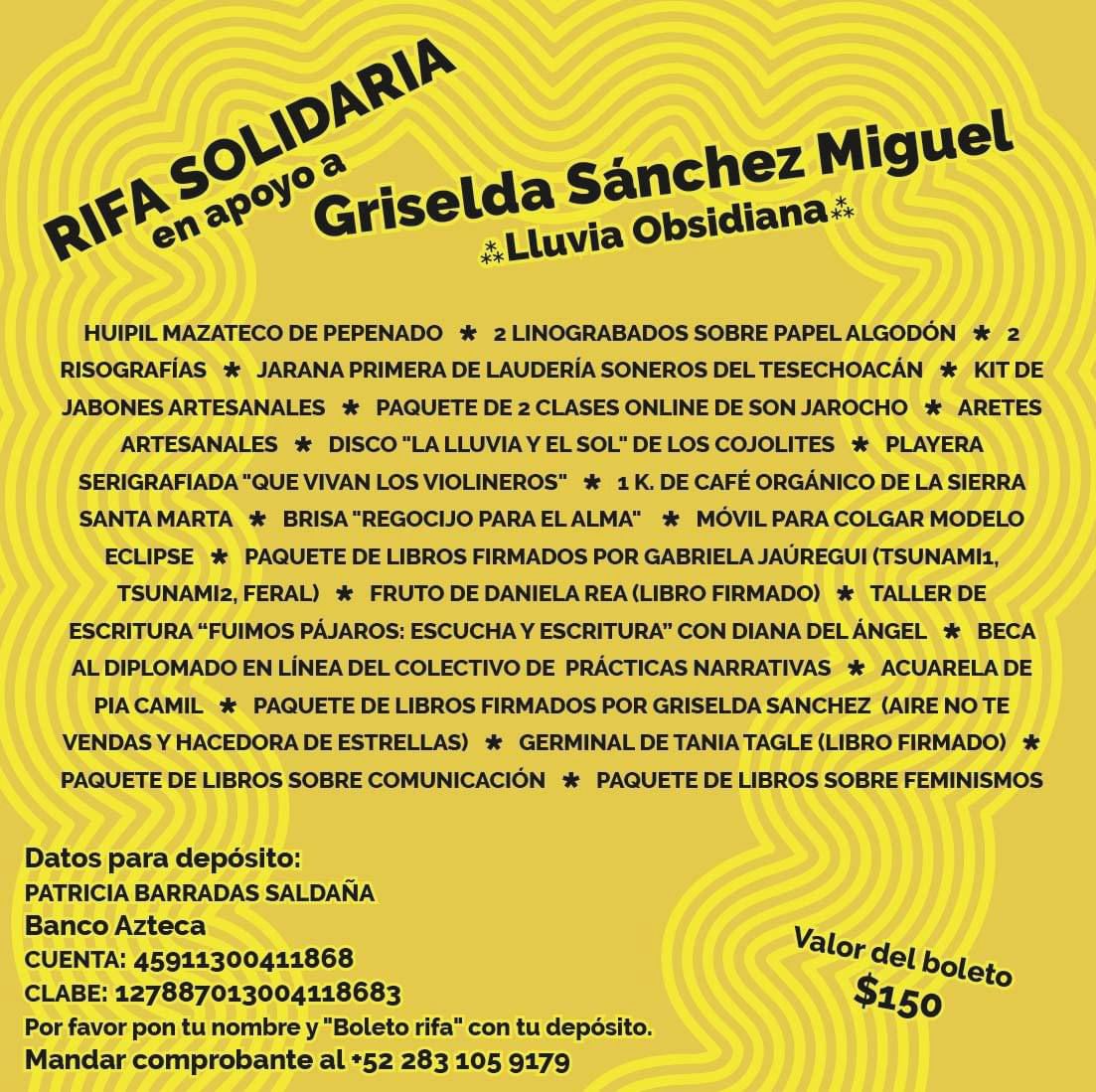 Todavía quedan unos números para apoyar a través de la RIFA SOLIDARIA a Griselda Sánchez, radialista de importantes contribuciones comunitarias y sociales en territorios de resistencia.

El apoyo comunitario en este momento delicado es vital 🌷

¡Gracias por su apoyo!