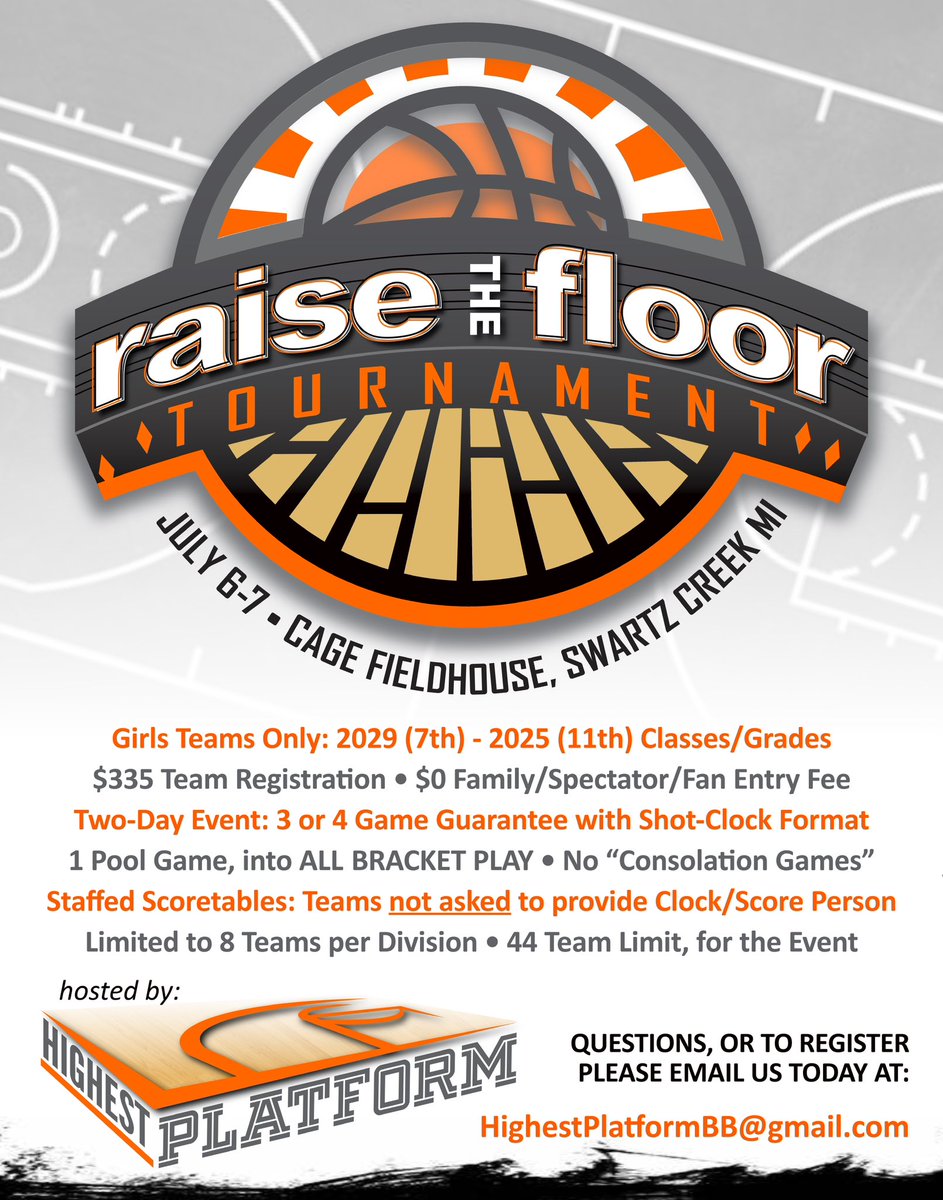 ‼️REGISTRATION OPEN‼️ ~ JULY 6-7, 2024 ~ 🏀 LIMITED AVAILABILITY 🏀 3-4 game guarantee 🏀 1 Pool game into brackets 🏀 Shot clock format 🏀 NO spectator entry fee 🏀 WE work the table/clock 🏀 All games at ONE site Flier/Info/Details below… HighestPlatformBB@gmail.com