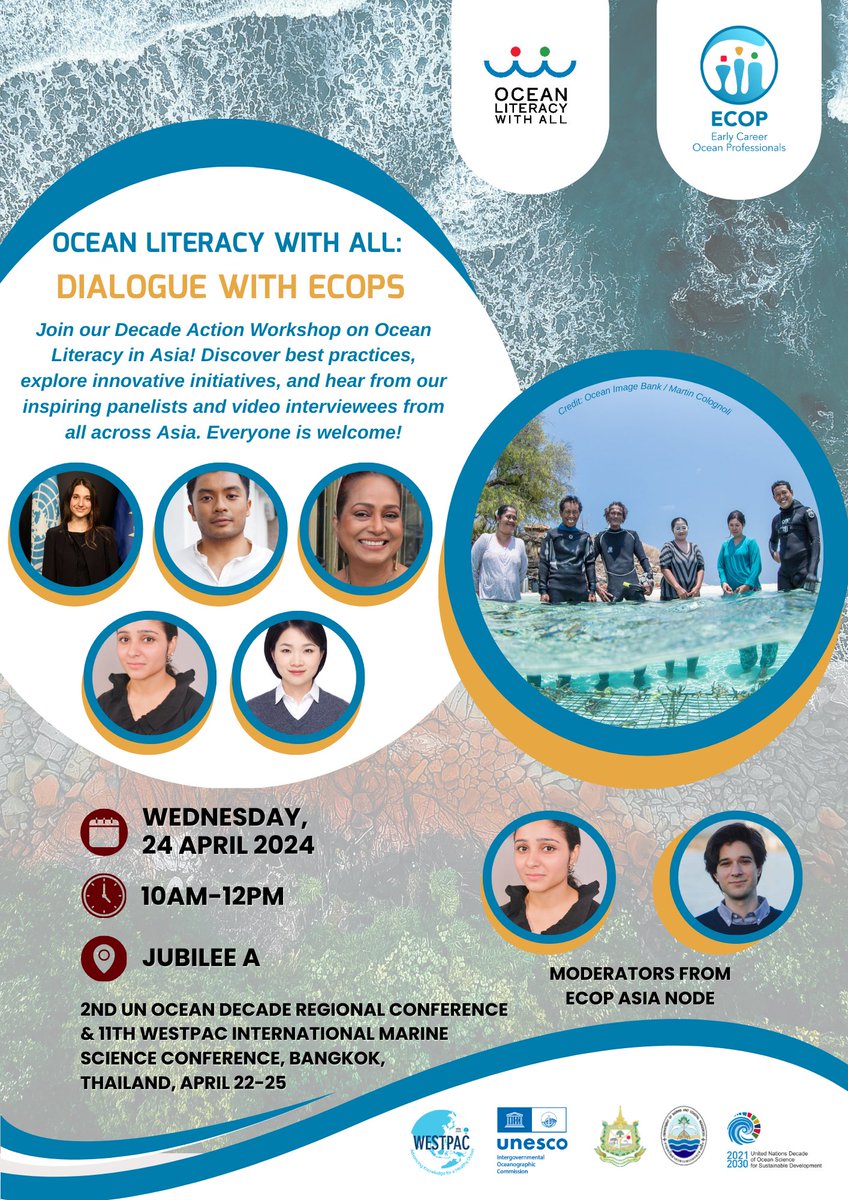 OceanDecadeECOP's tweet photo. We are excited to share that many ECOP Asia members are heading to Bangkok this week to attend the 2nd UN Ocean Decade Regional Conference and 11th WESTPAC International Marine Science Conference (22-25 April).  Join them for this Ocean Literacy workshop!

Please do share! 🙏 https://t.co/IwiT6D9ICl