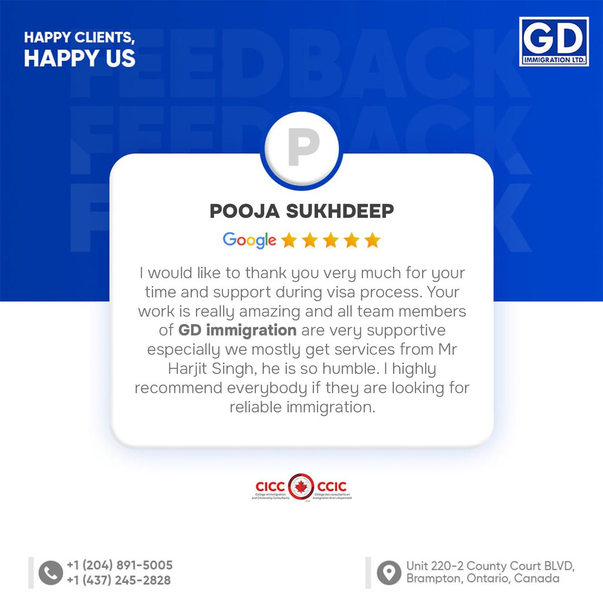 🚀 Gratitude fills our hearts as Pooja Sukhdeep shares her positive experience with GD Immigration! 🌟

#GDImmigration #Canada #GoogleReview #CanadaSuperVisa #Visa #exploreCanada #VisaApproval #ImmigrationConsultants #brampton #SuccessStory #Immigration #visa #punjab #india