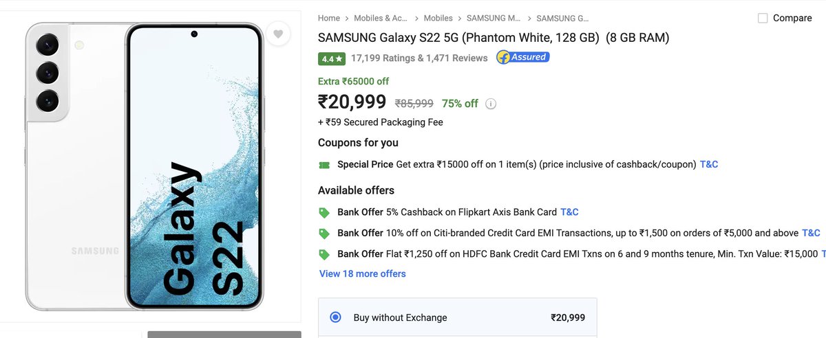 Mukul Sharma (@stufflistings) on Twitter photo Wait what?
Galaxy S22 selling on Flipkart for ₹20,999 Wait what?
Galaxy S22 selling on Flipkart for ₹20,999