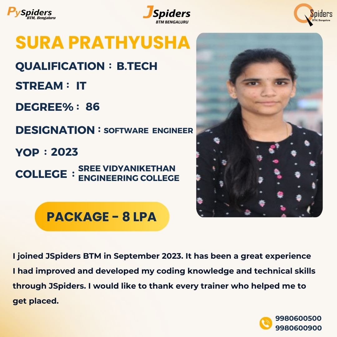 🎉 Congratulations to Sura Prathyusha on her new role as Software Engineer with a package of 8 LPA! 🚀
.
.
.
.
.
#softwareengineer #careerachievement #newjob #successstory #jobplacement #techcareer #softwaredevelopment #associateengineer #vidyanikethanengineeringcollege