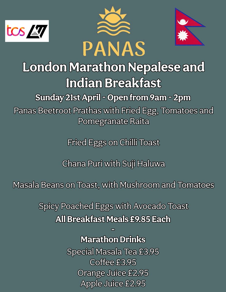 The <a href="/LondonMarathon/">TCS London Marathon</a> is a big day for our Blackheath Community, and here at Panas we’re joining in on the action! 

Join us from 9am tomorrow for a delicious Indian and Nepalese breakfast to set yourself up for a great day or supporting all the amazing competitors! 

#PanasGurkha