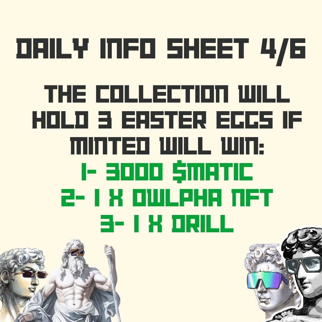 Hey $MATIC enthusiasts 👀 I been working with @OGeeZclubNFT for their upcoming mint and i can tell you they taking this seriously 😈 3 easter eggs will be available within the mint with big prizes such as: 1. 3000 $MATIC 2. 1x @OwlphaNFT 3. 1x @DrillClubNFT Let’s get it 🎁