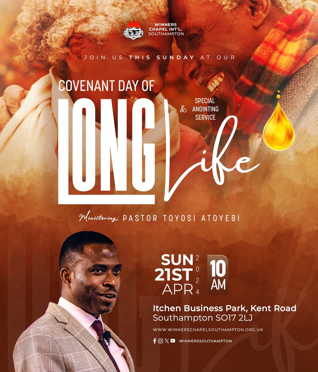 WinnersSoton's tweet photo. By divine covenant, you are destined for a life of abundance and longevity. Join us this Sunday at Winners Chapel Southampton.

Service Time is 10am

Don’t miss this opportunity to enjoy God’s covenant of a good old age. Be there, and bring a friend along . https://t.co/2vCnNtsJ10